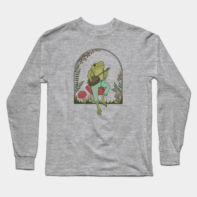 Cottagecore Aesthetic, Cute Frog Playing Banjo on Mushroom, Goblincore Mushroom Lover Long Sleeve T-Shirt by Ministry Of Frogs